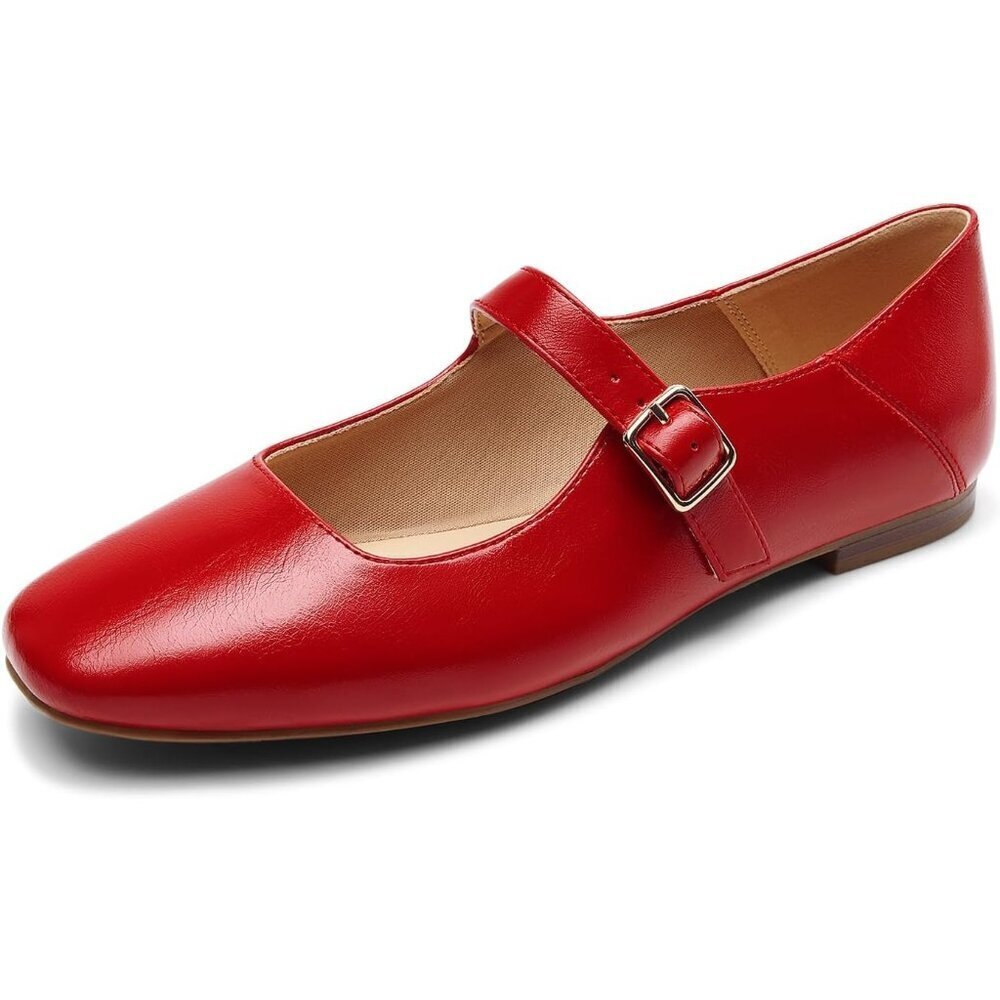 Dream Pairs Women's Red Faux Leather Square Toe Buckle Strap Slip-OnBallet Flats